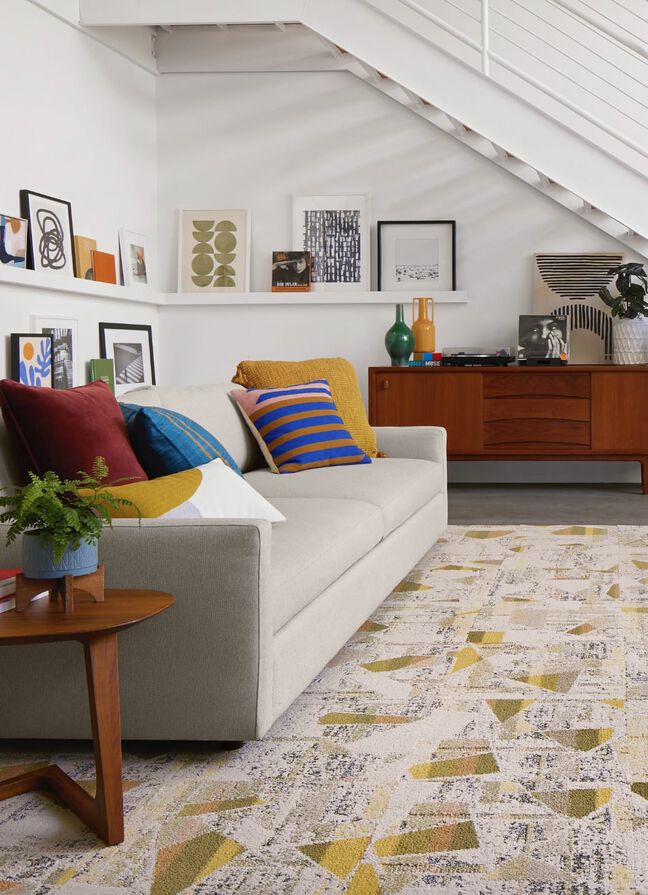 Loft living room area rug with NEW – FLOR High Hopes shown in Maize